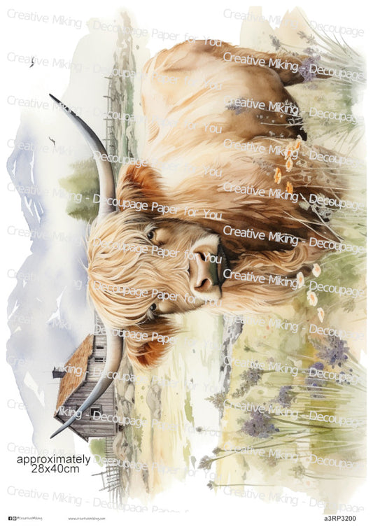 Highland Cow In Countryside Landscape Decoupage Paper | RP3200