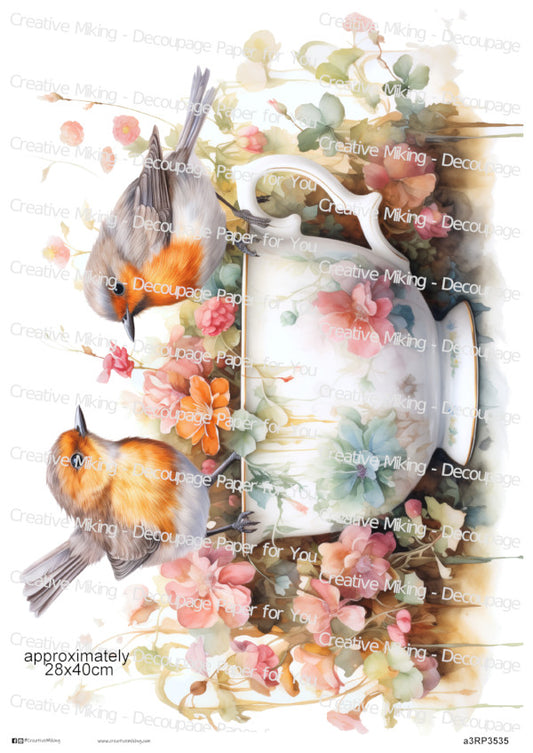 Robins in Floral Teacup Decoupage Paper | RP3535