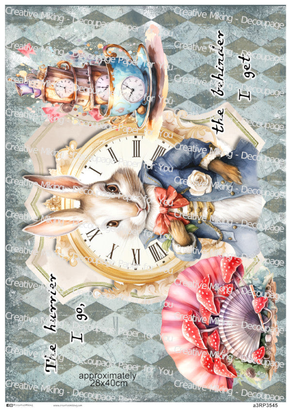 White Rabbit Quote Decoupage Paper – “The Hurrier I Go, The Behinder I Get” | RP3545