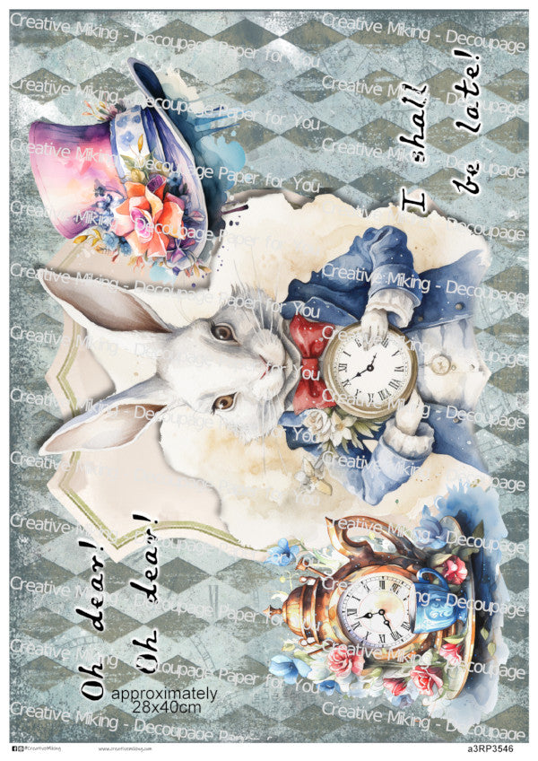 White Rabbit Quote Decoupage Paper – “Oh Dear! Oh Dear! I Shall Be Late!” | RP3546