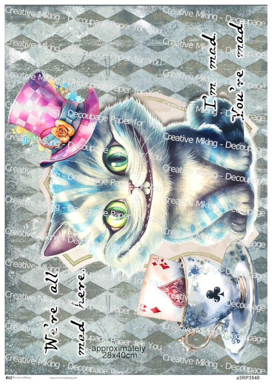 Cheshire Cat Quote Decoupage Paper – “We’re All Mad Here… I’m Mad, You’re Mad” | RP3548