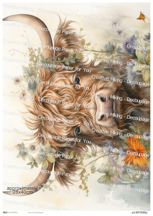 Highland Cow Among Wildflowers Decoupage Rice Paper | RP3558a