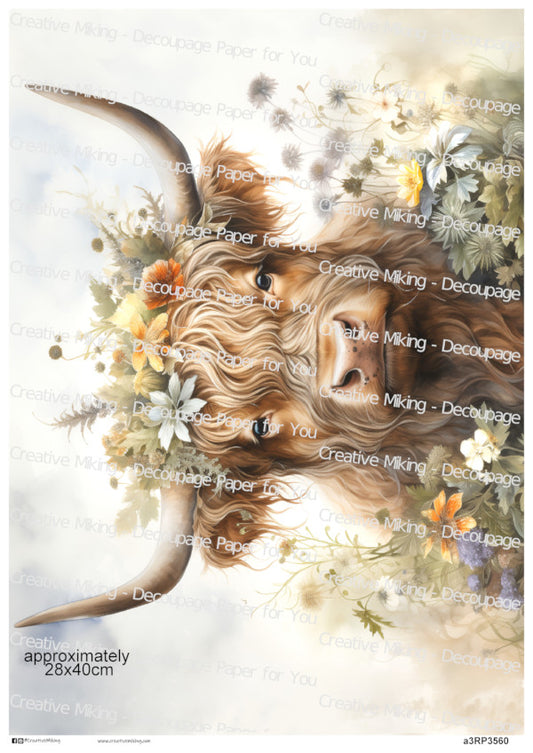 Highland Cow Among Wildflowers Decoupage Paper | RP3560