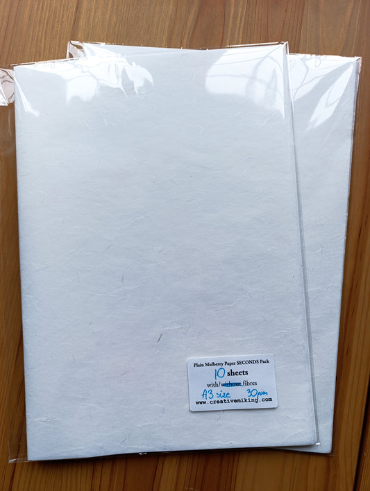 SECONDS Plain Mulberry Paper WITH Fibres, A3 size, 30gsm - 10 sheets