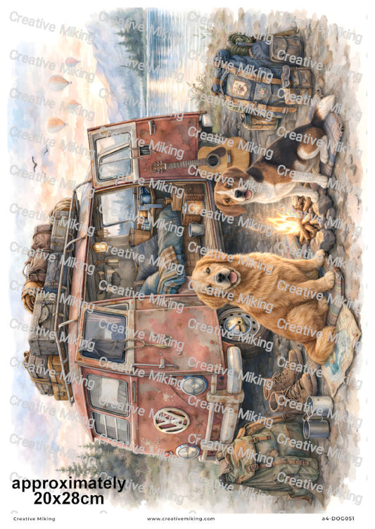 Dogs Camper Van Decoupage Rice Paper | DOG051