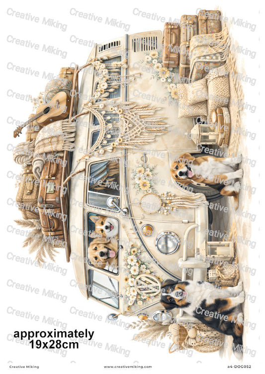 Dogs Camper Van Decoupage Rice Paper | DOG052