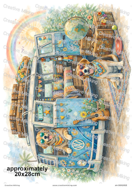 Dogs Camper Van Decoupage Rice Paper | DOG053