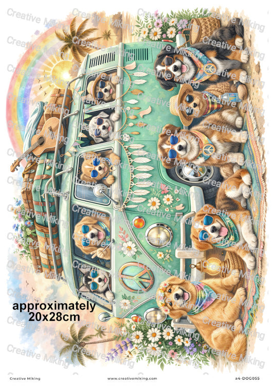 Dogs Camper Van Decoupage Rice Paper | DOG055