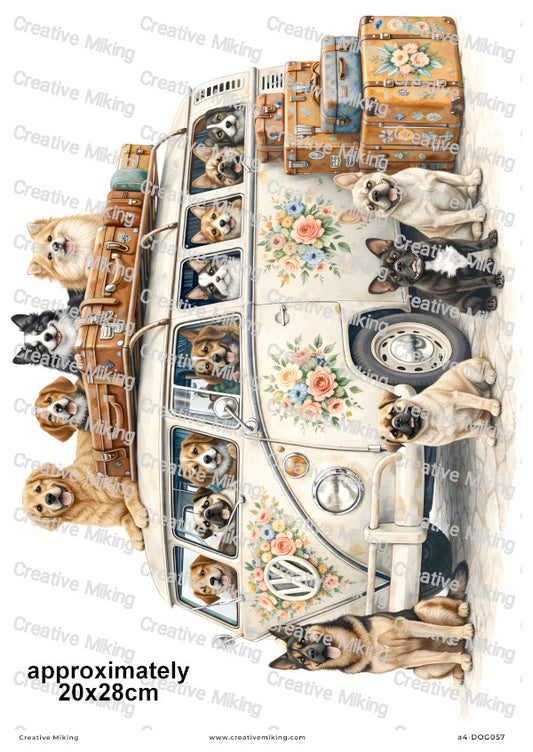 Dogs Camper Van Decoupage Rice Paper | DOG057