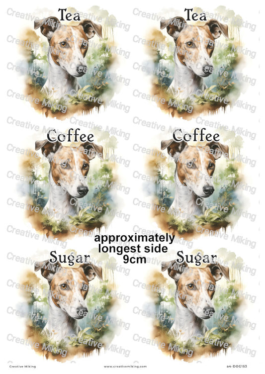 Whippet Dog Kitchen Labels Decoupage Rice Paper - Tea, Coffee, Sugar | DOG153