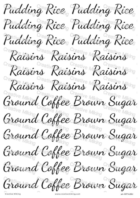 Kitchen Labels Decoupage Rice Paper - Pudding Rice, Raisins, Brown Sugar, Ground Coffee | RP1430r