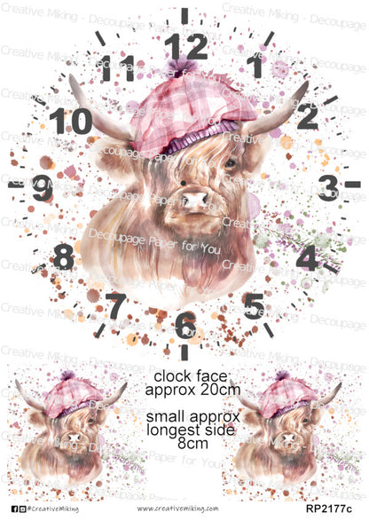 Highland Cow Watercolor Splash Clock Face Decoupage Paper | RP2177c
