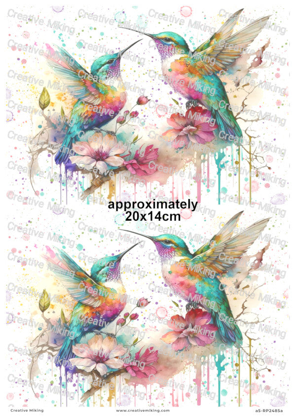 Hummingbird Among Flowers Watercolor Splashes Decoupage Rice Paper | RP2485a