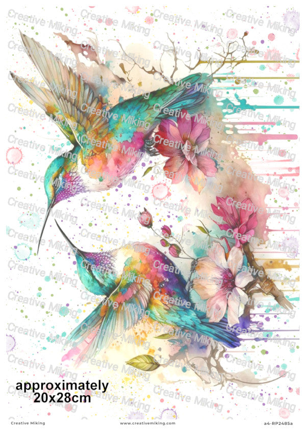 Hummingbird Among Flowers Watercolor Splashes Decoupage Rice Paper | RP2485a