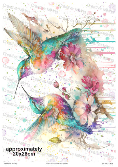 Hummingbird Among Flowers Watercolor Splashes Decoupage Rice Paper | RP2485a