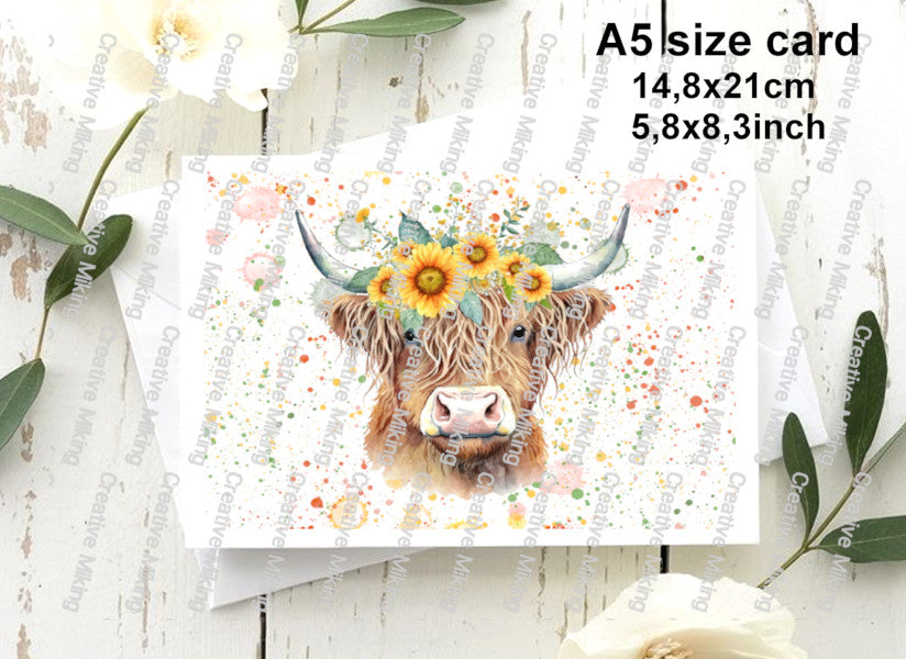 Highland Cow Sunflower Crown Splashes Decoupage Rice Paper | RP2500c