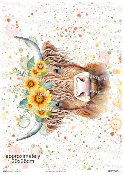 Highland Cow Sunflower Crown Splashes Decoupage Rice Paper | RP2500c