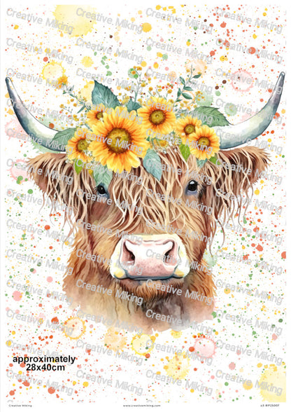 Highland Cow Sunflower Crown Decoupage Rice Paper | RP2500f