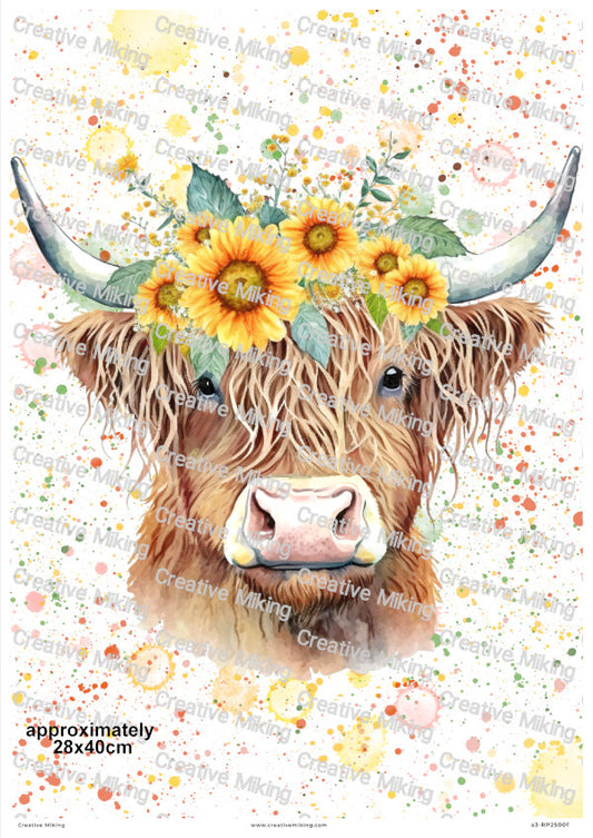 Highland Cow Sunflower Crown Decoupage Rice Paper | RP2500f