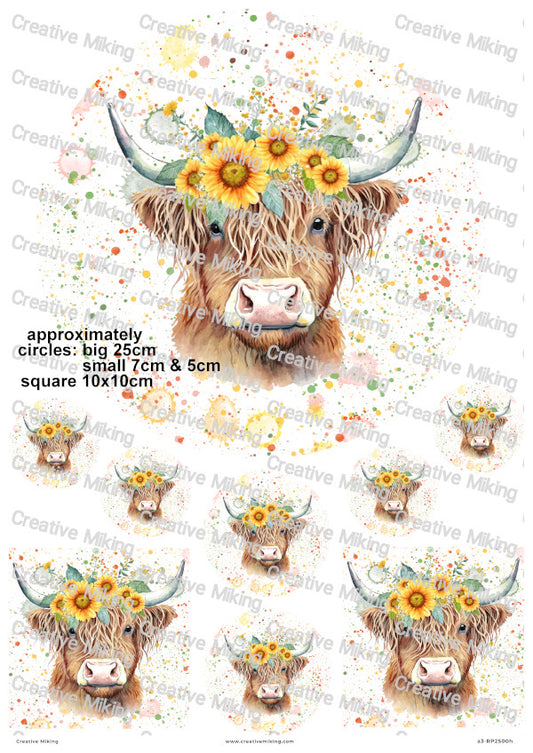 Highland Cow Sunflower Crown Watercolor Splashes Decoupage Rice Paper | RP2500h