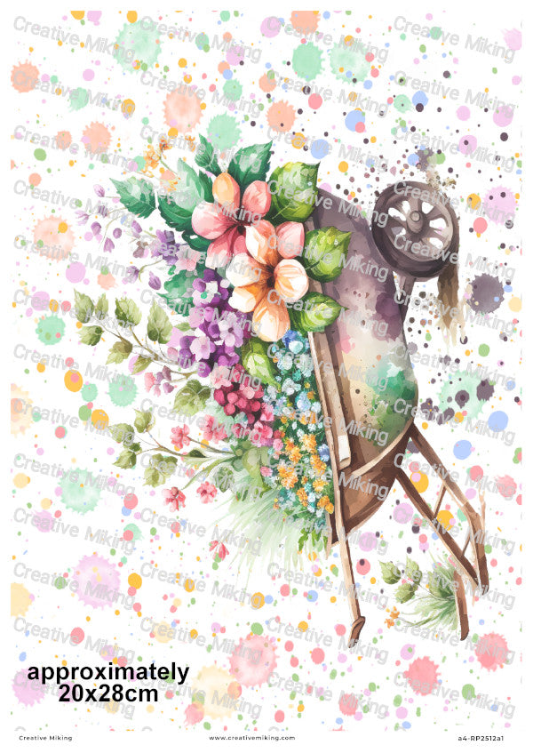 Wheelbarrow Floral Splashes Decoupage Rice Paper | RP2512a1