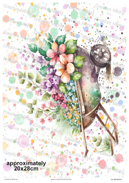 Wheelbarrow Floral Splashes Decoupage Rice Paper | RP2512a1