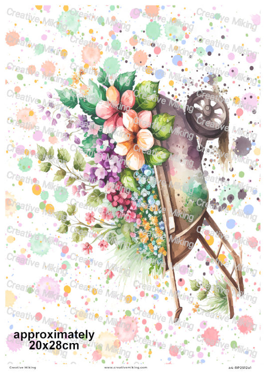 Wheelbarrow Floral Splashes Decoupage Rice Paper | RP2512a1