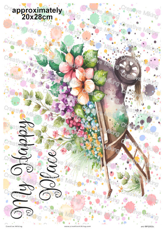 Wheelbarrow Floral Splashes Decoupage Rice Paper | RP2512c