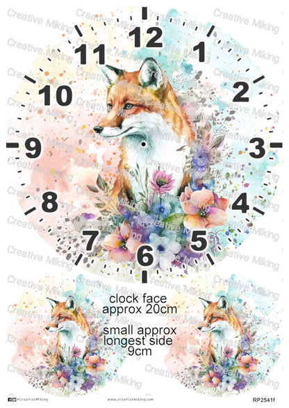 Fox Watercolor Splash Clock Face Decoupage Rice Paper | RP2541f