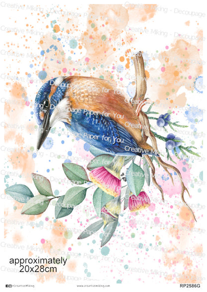 Kingfisher Bird Watercolor Splash Decoupage Paper | RP2586g