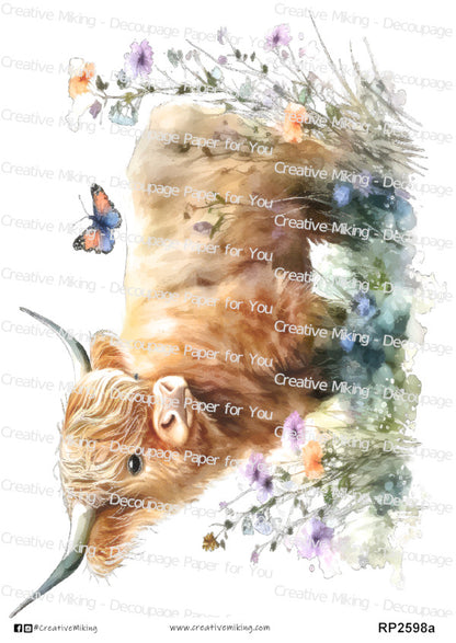 Highland Cow Among Wildflowers Decoupage Rice Paper | RP2598a