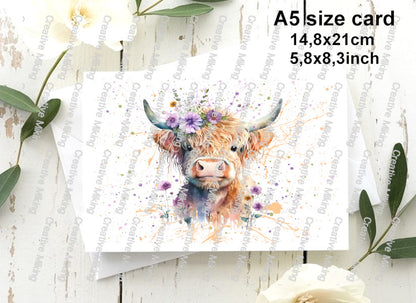 Highland Cow With Purple Floral Crown Watercolor Splash Decoupage Rice Paper | RP2601b5