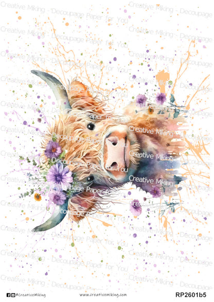 Highland Cow With Purple Floral Crown Watercolor Splash Decoupage Rice Paper | RP2601b5