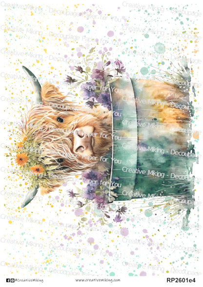 Highland Cow In A Tub Watercolor Splash Decoupage Rice Paper | RP2601e4