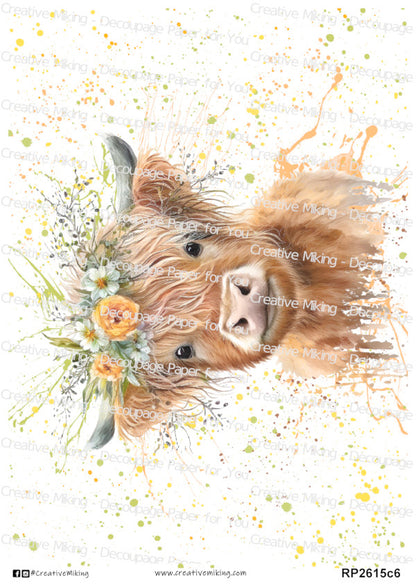 Highland Cow With Floral Crown Watercolor Splash Decoupage Rice Paper | RP2615c6