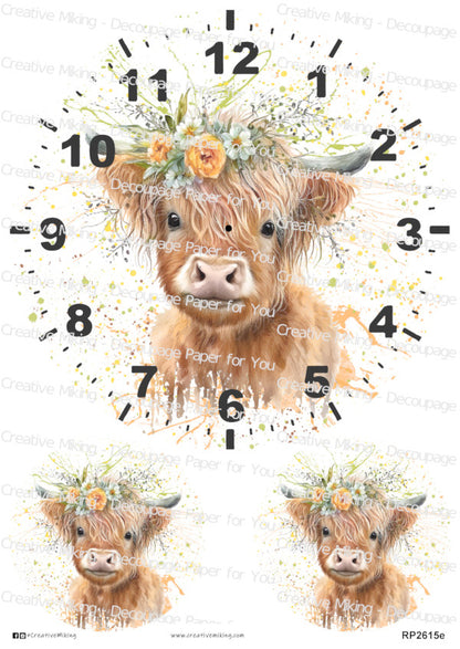Highland Cow With Floral Crown Clock Face  Watercolor Splash Decoupage Paper | RP2615e