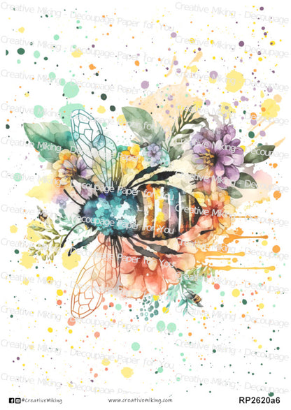 Bumblebee With Watercolor Splashes Decoupage Rice Paper | RP2620a6