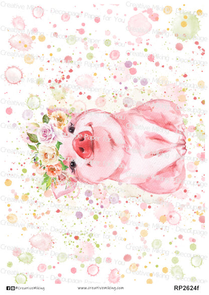 Pig Floral Crown Watercolor Splashes Decoupage Paper | RP2624f