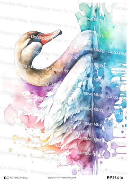 Swan Bird Watercolor Splashes Decoupage Paper | RP2641a
