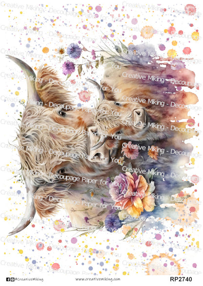 Highland Cow with Calf Watercolor Splashes Decoupage Paper | RP2740