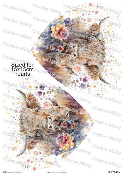 Highland Cow with Calf Watercolor Splashes Decoupage Rice Paper | RP2740a