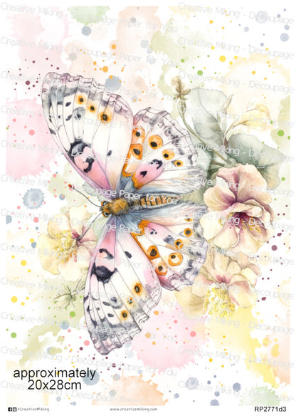 Butterfly Among Flowers Watercolor Splashes Decoupage Paper | RP2771d3