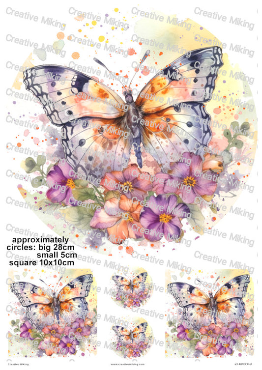 Butterfly Among Flowers Watercolor Splashes Decoupage Rice Paper | RP2771e1