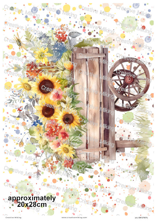 Rustic Wheelbarrow with Sunflowers Watercolor Splashes Decoupage Rice Paper | RP2787c