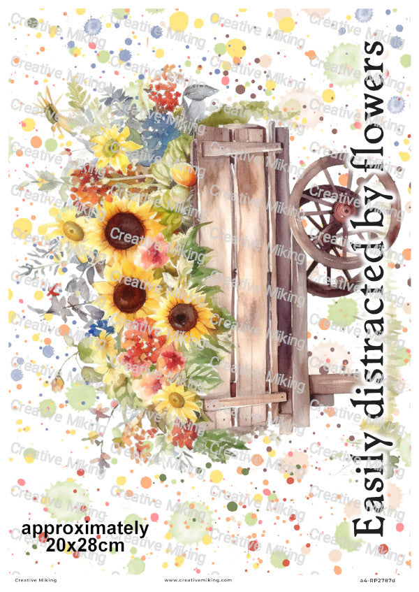 Rustic Wheelbarrow with Sunflowers Watercolor Splashes Decoupage Rice Paper | RP2787d