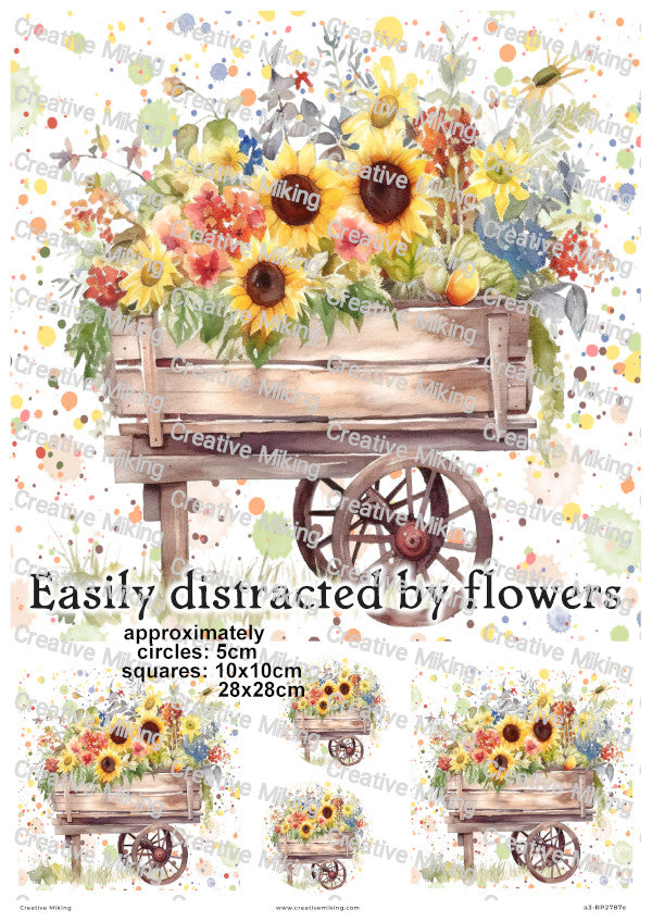 Rustic Wheelbarrow with Sunflowers Watercolor Splashes Decoupage Rice Paper | RP2787e