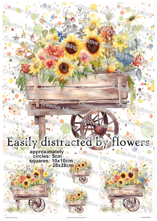 Rustic Wheelbarrow with Sunflowers Watercolor Splashes Decoupage Rice Paper | RP2787e