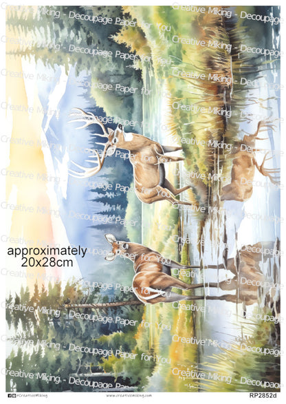 Deer Pair in Woodland Lake Landscape Decoupage Paper | RP2852d