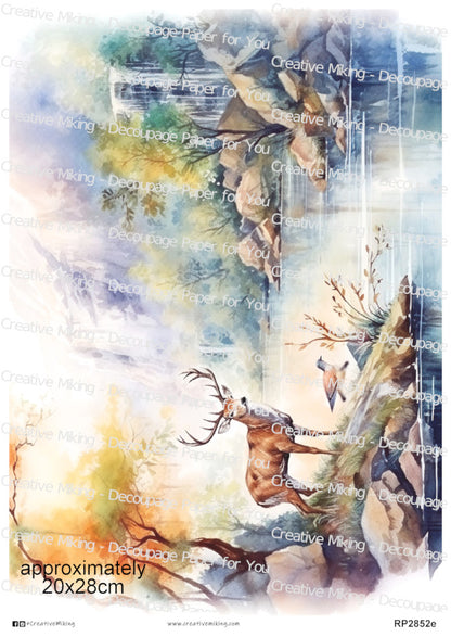 Stag in Woodland Lake Landscape Decoupage Paper | RP2852e