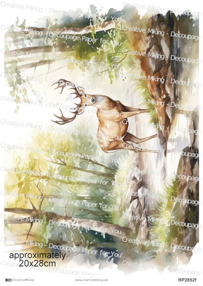 Stag in Woodland Lake Landscape Decoupage Paper | RP2852f